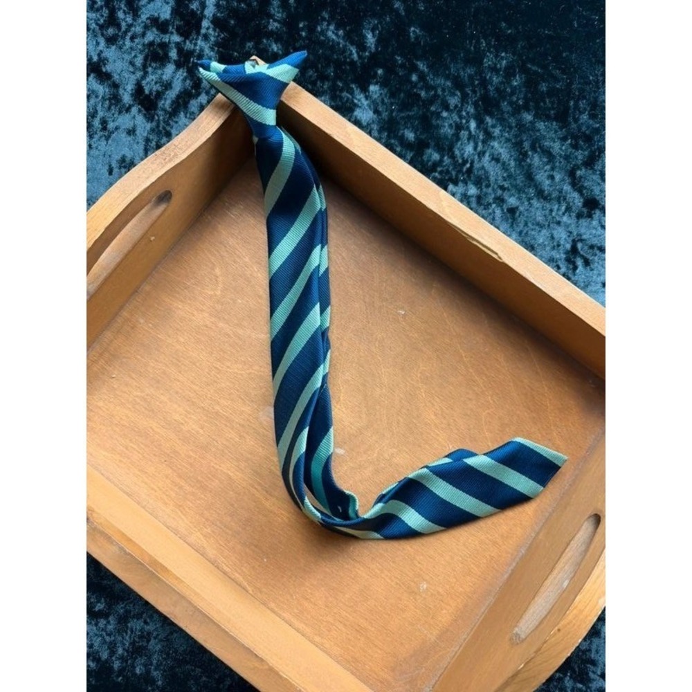 Boys Clip-On Tie Navy Green Repp Stripe 17" Pre-Tied Polyester Necktie